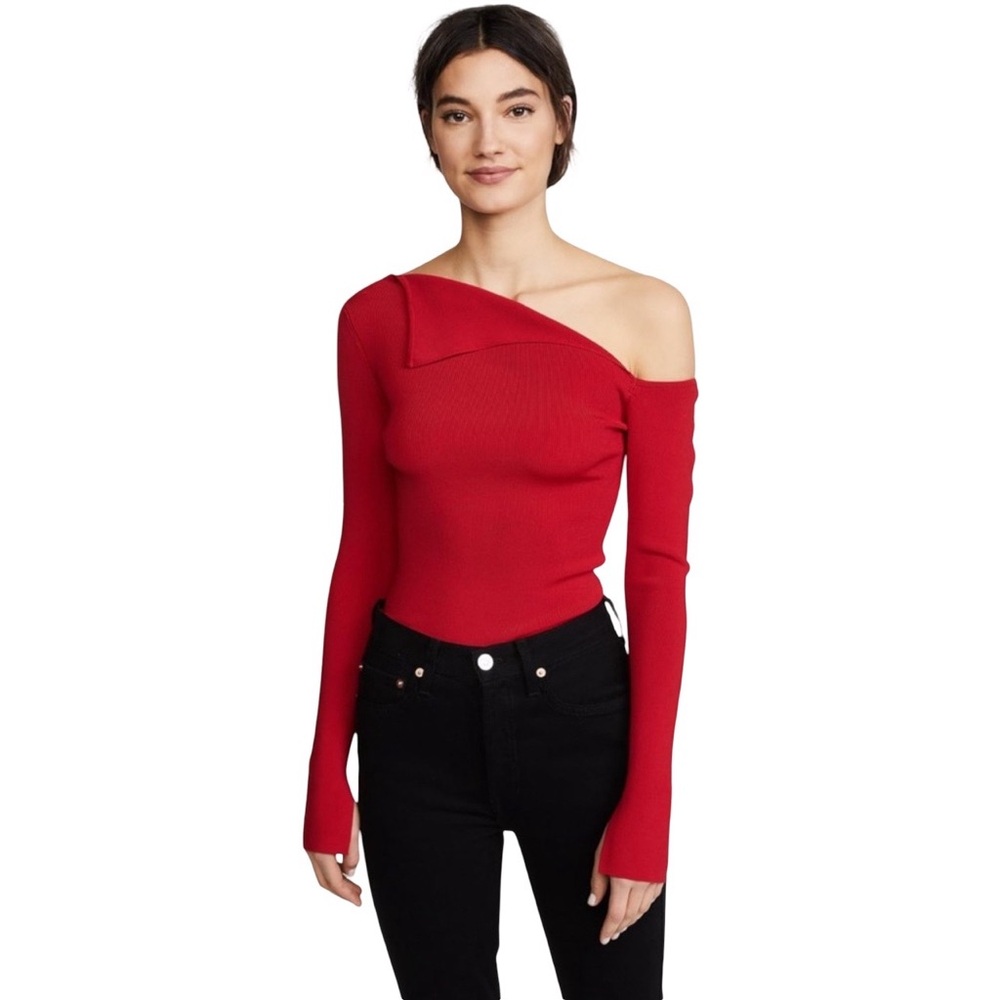 Bailey 44 One-Shoulder Red Ribbed Long-Sleeve Top